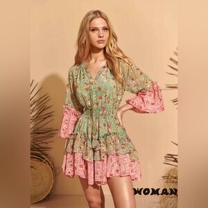 Floral Green and Pink Mini Dress